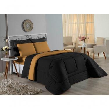 Imagem de Kit Edredom Dupla Face + Jogo De Lençol Queen Nobre 6 Peças Malha 100% Algodão - Preto / Cobre