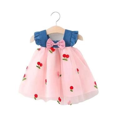 Imagem de Vestido De Verão Para Bebê Menina Com Renda E Manga Bufante De Cereja,