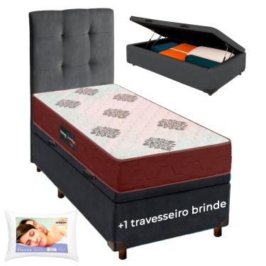 Imagem de Kit Cama Box Bau + Cabeceira + Colchão Solteiro D45 + Travesseiro Ortobom
