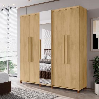 Imagem de Roupeiro Munique Ii 5 Portas 3 Gavetas Com Espelho E Cabideiro Alumínio Para Quarto Casal - Cinamomo