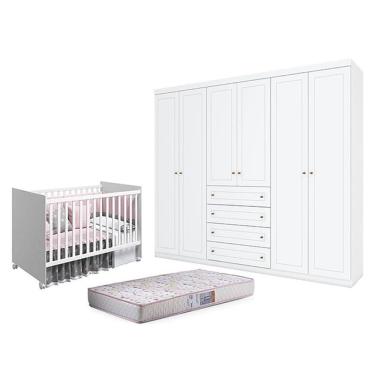 Imagem de Berço Nacional Mel Branco Acetinado - Reller E Guarda Roupa Casal Americano 6 Portas Branco Hp E Colchão Gazin - Henn