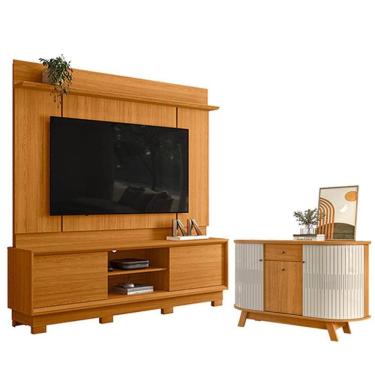 Imagem de Estante Home Theater Siena Com Pés Cinamomo Com Aparador Para Sala Buffet Monza Cinamom...