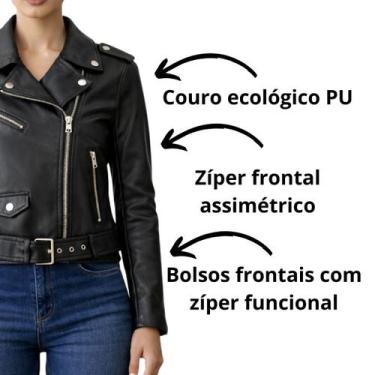 Imagem de Jaqueta Feminina Biker Couro PU Preta Slim Premium Cor:PretoTamanho:GG
