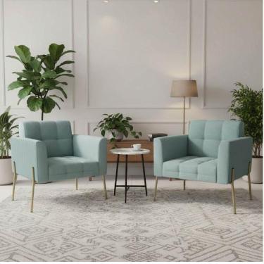 Imagem de Poltrona Sala Decorativa Kit 2 Elisa Pé Aço Lateral Dourado Cotelê Ext