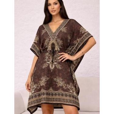 Imagem de Vestido Curto Kaftan Indiano Estampado - Deeyaa Indiana, Marrom, Unico