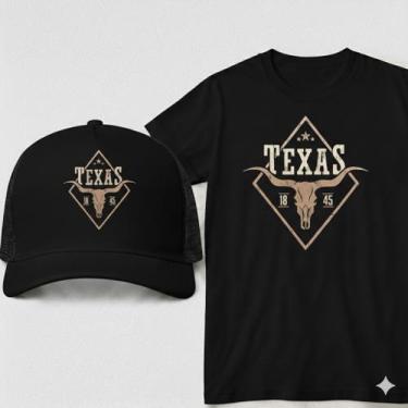 Imagem de Kit Country Camiseta + Bone Texas 100% Algodão P ao G3 Plus Size Mascu