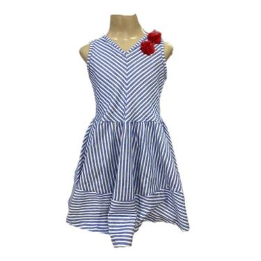 Imagem de Vestido Social Infantil Rodado Listras Detalhe Flor Malha Macia e Conf