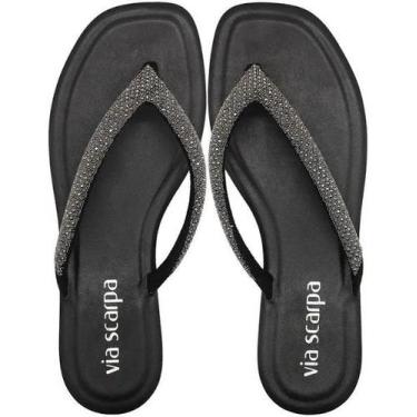 Imagem de Sandália rasteirinha via scarpa 18290 strass leve confortável, Preto, 