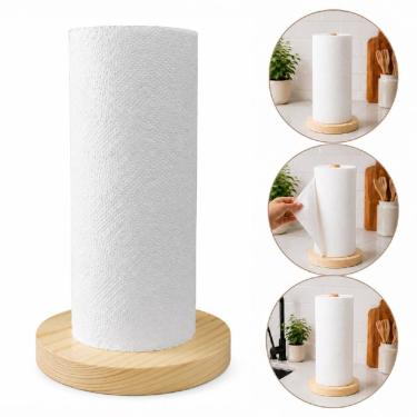 Imagem de Suporte Porta Papel Toalha Bambu Natural Organizador Vertical Madeira Pinus Design Moderno Cozinha Bege Yeet