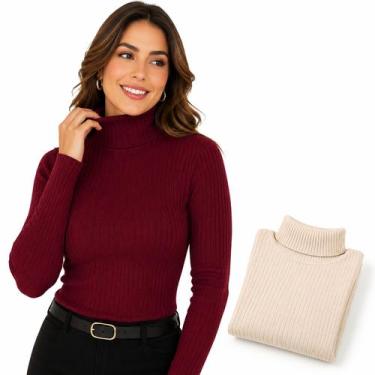 Imagem de Kit 2 Blusas Gola Alta Feminina Canelada Manga Longa Inverno Tamanho 4