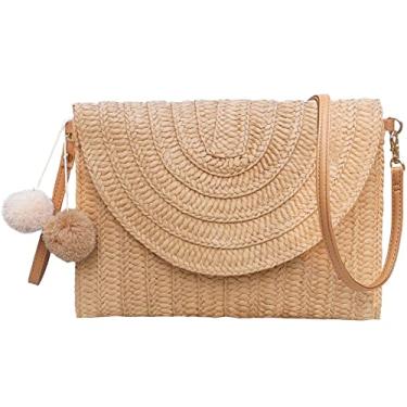Imagem de Dailyacc Bolsa de ombro de palha para mulheres, bolsa de tecido, envelope de praia, canudos, carteira, A - Cáqui, 11”*8.7“*0.9”