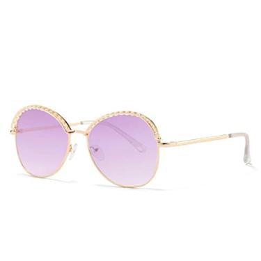 Imagem de Óculos de Sol Retrô Metal Pérola Redondo Feminino Designer de Luxo Grande Armação Óculos de Sol Feminino Gradiente Lente Tons, Dourado Roxo, A