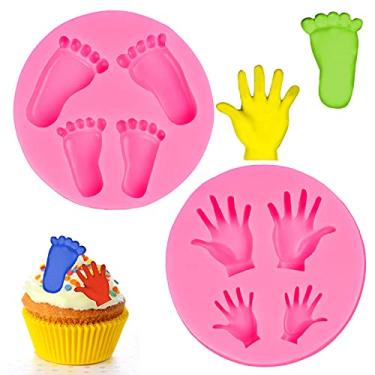 Imagem de Whaline Molde de mãos de pés de bebê 3D de silicone molde de fondant de chocolate rosa chá de bebê topo de bolo de doces decoração faça você mesmo assar pudim molde de açúcar para decoração de festa de aniversário, 2 peças