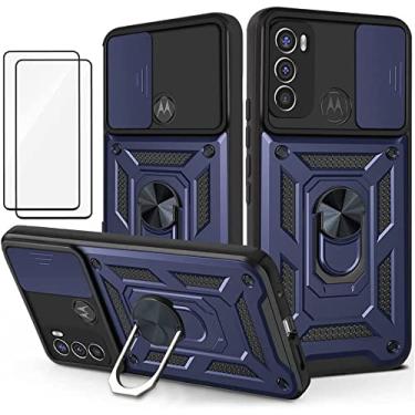 Imagem de Capa para Motorola Moto G60 Capinha | com 2 protetores de tela temperados, janela deslizante de proteção da câmera integrada e suporte para telefone - Azul
