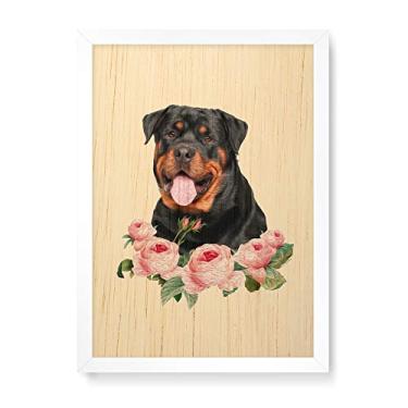 Imagem de Arte Maníacos Quadro Decorativo em Madeira Rottweiler Flores - 23x16,25cm (Moldura caixa em laca branca)