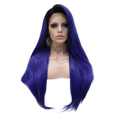 Imagem de Peruca de renda azul sintética frontal cabelo liso preto peruca de fibra resistente ao calor