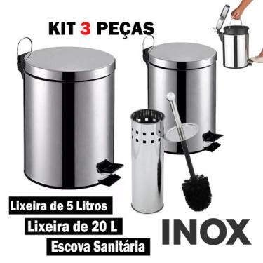Imagem de Kit 3 Peças Lixeira Inox 20 E 5L + Escova Sanitária Kala