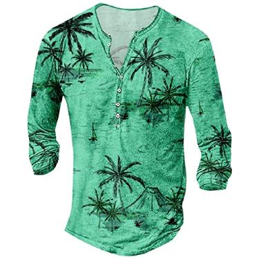 Imagem de YHEGHT Camiseta masculina de verão coqueiro, praia, férias, lazer, moda, moda, moda, manga comprida, térmica masculina, Verde, P