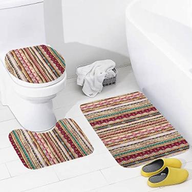 Imagem de Conjunto de tapetes de banheiro 3 peças étnicas boho colorido tapete de banheiro lavável tapete antiderrapante tapete de contorno e tampa para banheiro