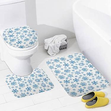 Imagem de Conjunto de tapetes de banheiro 3 peças de Natal azul aquarela flocos de neve tapete antiderrapante tapete de contorno e tampa para banheiro