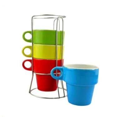 Imagem de Conjunto 4 Xicaras Coloridas Café Chá Cerâmica C/Suporte