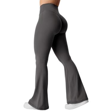 Imagem de YEOREO Calça legging feminina Kalie Flare Scrunch com cintura cruzada, cintura cruzada, calça de ioga, controle de barriga, bootcut, #1 Cinza escuro, P