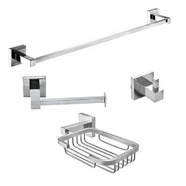 Imagem de Kit Acessórios Banheiro Porta Toalha de Banho Metal + Saboneteira Cromado + Cabide Inox + Papeleira Ret