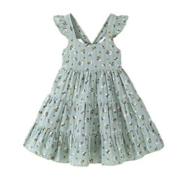 Imagem de Vestido infantil infantil para meninas arco-íris vestido de princesa sem mangas borboleta praia vestido de verão, Vestido floral verde, 3-4 Anos