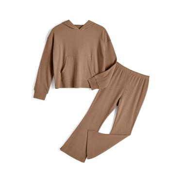 Imagem de Handfrog Conjuntos de roupas para meninas 2 peças com capuz camisas de manga comprida fundo de sino fofo roupas de outono 2023 moletom, Marrom, 5-6 Y