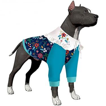Imagem de LovinPet Camiseta de cachorro, cuidados com feridas, lapela para cães grandes, tecido elástico leve, estampa de várias flores com costura azul, pijama grande para cães Pitbull roupas para cães 3GG