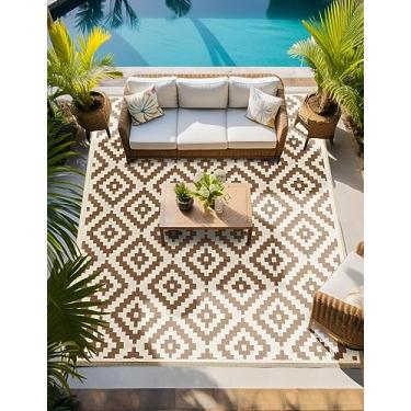 Imagem de JBGO Tapete externo – Tapete de pátio – Reversível Tecido Leve Grande Plástico Reciclado Listrado À Prova de Manchas Tapete Corredor Interior – Deck, Pátio, Acampamento, Piquenique, Varanda – Leite de