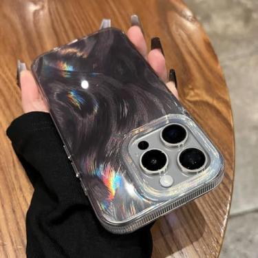 Imagem de Capa de telefone com padrão de penas de sonho colorido gradiente glitter para iPhone 15 11 12 13 14 Pro Max capa à prova de choque de luxo, preto cinza, para iPhone 13