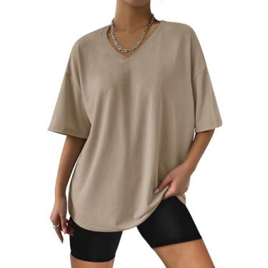 Imagem de ATHMILE Camisetas femininas grandes gola V meia manga confortável túnica confortável 2024 Y2K tops casuais, Z-cáqui, G