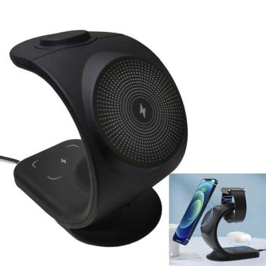 Imagem de Carregador Induçao Rapido 15W 3 Em 1 Celular Telefone Relogio Fone Ouvido Carregamento Magnetico Escrivania  Mesa Escritorio Casa