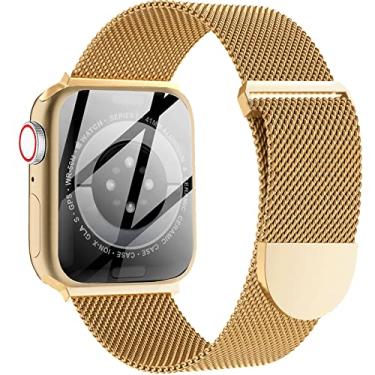 Imagem de Pulseira de metal milanesa compatível com pulseira de relógio Apple 38 mm 40 mm 41 mm 42 mm 44 mm 45 mm para mulheres homens, pulseira magnética de malha de aço inoxidável para iWatch Series 7/6/5/4/3/2/1/SE, ouro