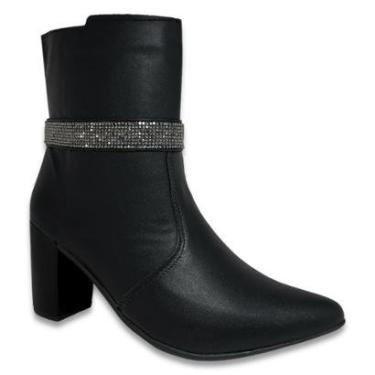 Imagem de Bota Feminina Strass Salto Alto Grosso Bico Fino Confortável Cano Curto Napa Preto-Feminino
