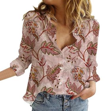 Imagem de Camisetas femininas casuais de verão com estampa floral de botão, manga comprida, gola de lapela, túnica, estampa vintage, rosa, G