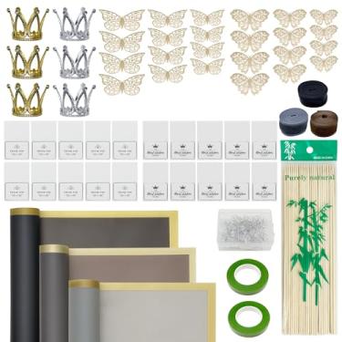 Imagem de Woohome Kits de papel de embrulho, buquê de flores, papel de embrulho floral com decoração de borboleta 3D, alfinetes de diamante, fitas, coroas para florista (preto cinza prata)