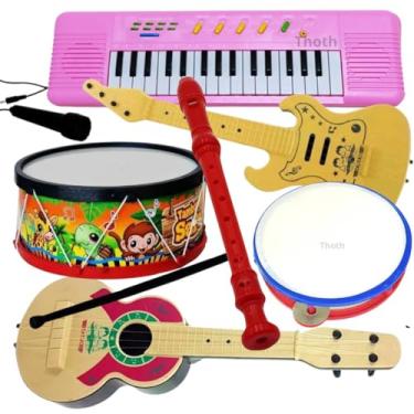 Imagem de Kit Teclado Infantil Rosa Microfone Tambor Viola Guitarra Pandeiro 7 Brinquedos Musical Piano Menina