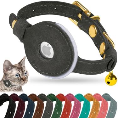 Imagem de OOPSDOGGY Coleira AirTag de couro refletivo para gatos com sino - Coleira ajustável para animais de estimação com suporte para Apple Air Tag - Coleiras leves com GPS para cães pequenos (grafite)