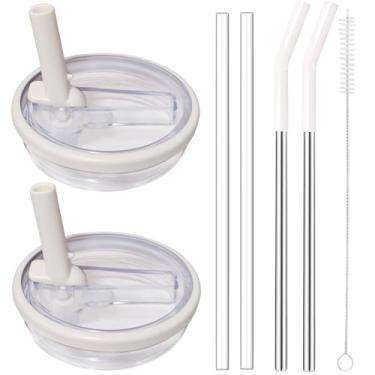 Imagem de Pacote com 2 tampas de substituição de canudo flip de 1,134 g para copo Stanley Quencher com canudos de aço inoxidável, tampas resistentes a respingos à prova de vazamento para copo Stanley (branco)