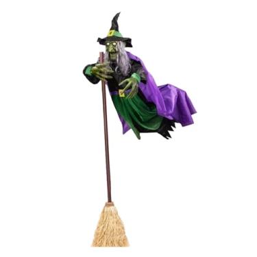 Imagem de YYGJYGOO Decoração de Halloween de bruxa voadora com vassoura, vassoura mágica vassoura de bruxa assustadora de Halloween, bruxa na vassoura, decorações de Halloween ao ar livre, para jardim, quintal,