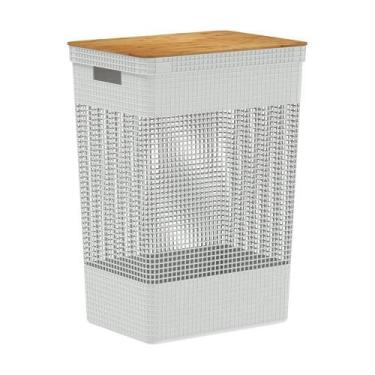 Imagem de Cesto de Roupa Grid Branco Oceano 49 L com Tampa de Bambu 38 x 28 x 55