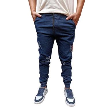 Imagem de Calça jogger masculino preto lisa e rasgada elastano jeans e sarja pro