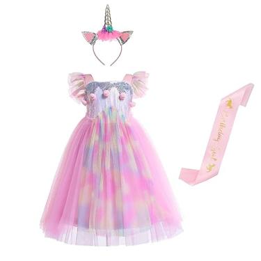 Imagem de Dressy Daisy Fantasia de princesa de tule arco-íris de aniversário de unicórnio com faixa de cabeça, roupa de festa chique para meninas pequenas, Rosa (vestido com faixa de cabeça e faixa), 4-5 Anos