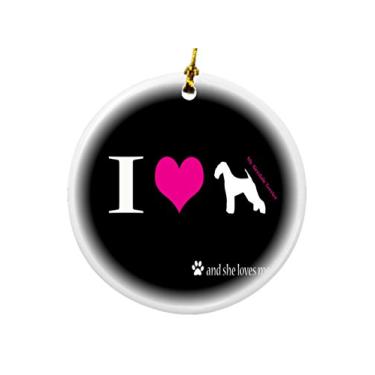 Imagem de Rikki Knight I Love My Airedale Terrier Dog Design Round Porcelain Dois lados Christmas Ornaments