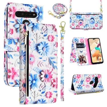 Imagem de Dswteny Capa carteira para LG K61/Q61/K51S/K41S com alça de ombro destacável, 9+ compartimentos para cartões, bolsa com zíper, suporte de couro floral, suporte de cartão, capa para celular K 61 51S