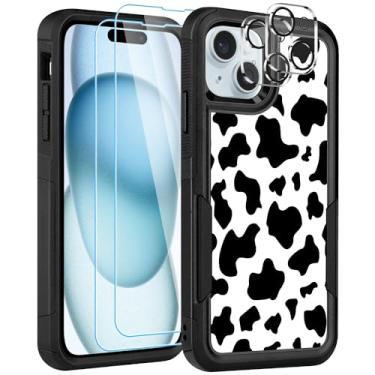 Imagem de LOQUPE [Capa 5 em 1 para iPhone 15, com 2 protetores de tela + 2 protetores de lente de câmera, capa protetora resistente e resistente, leve, fina à prova de choque para mulheres, estampa de vaca fofa