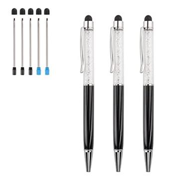 Imagem de Canetas esferográficas, 3 peças, 2 em 1, caneta de diamante de cristal brilhante, capacitiva para tela sensível ao toque com recargas de substituição, tinta preta, azul, pontas de borracha para iPhone, iPad, Kindle, dispositivos com tela sensível ao toque, preto