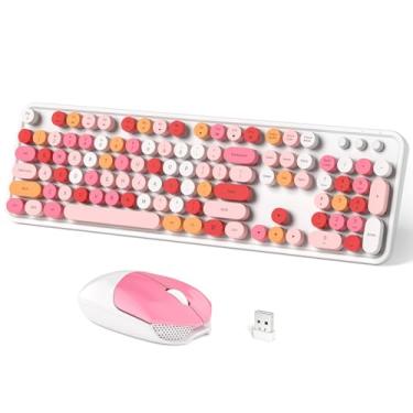 Imagem de Combo de teclado e mouse sem fio, teclado de computador redondo retrô MOWUX para máquina de escrever, mouse sem fio, plug and play, para laptop, PC, computador - branco colorido
